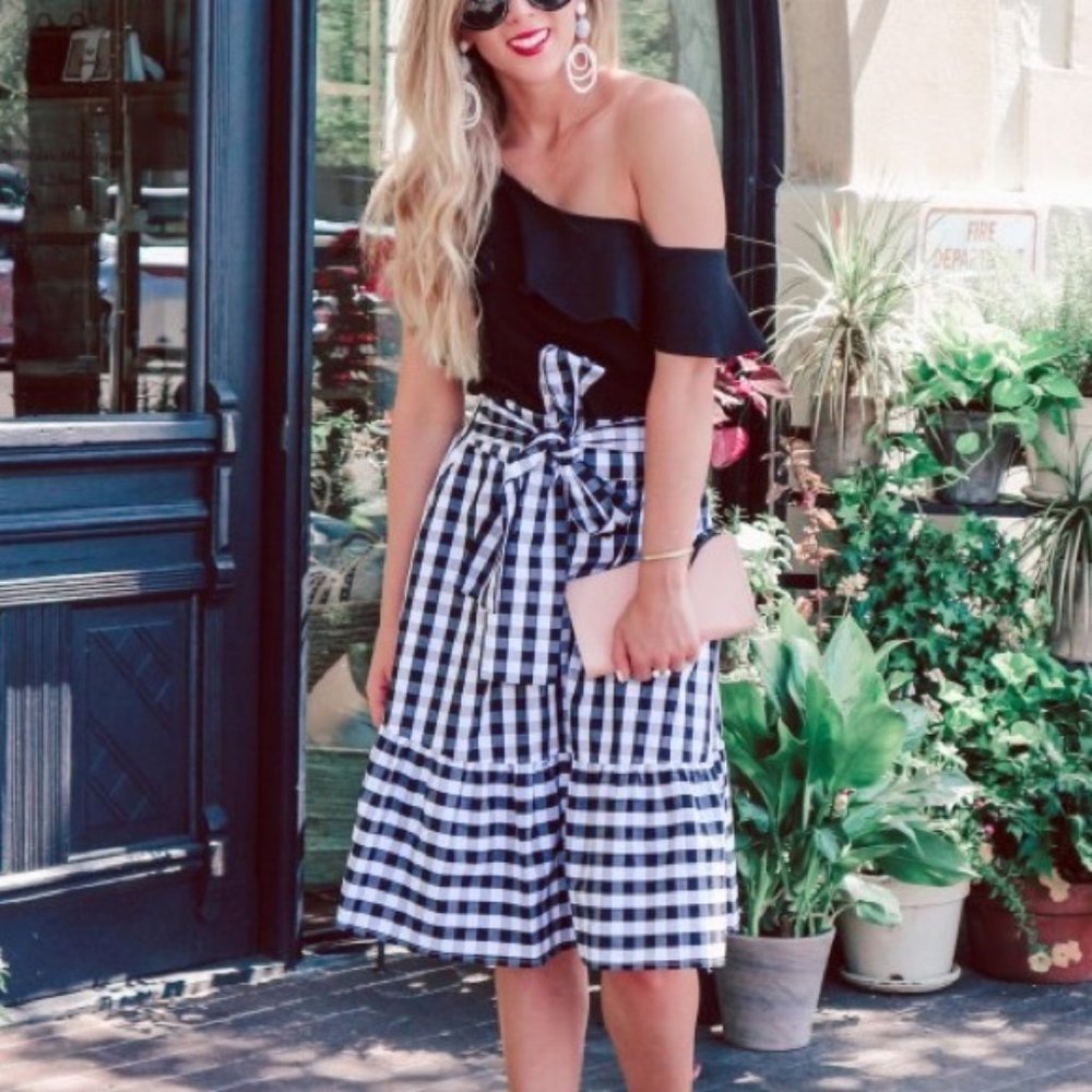 Women’s Black & White Gingham Tie-Waist Midi Skirt